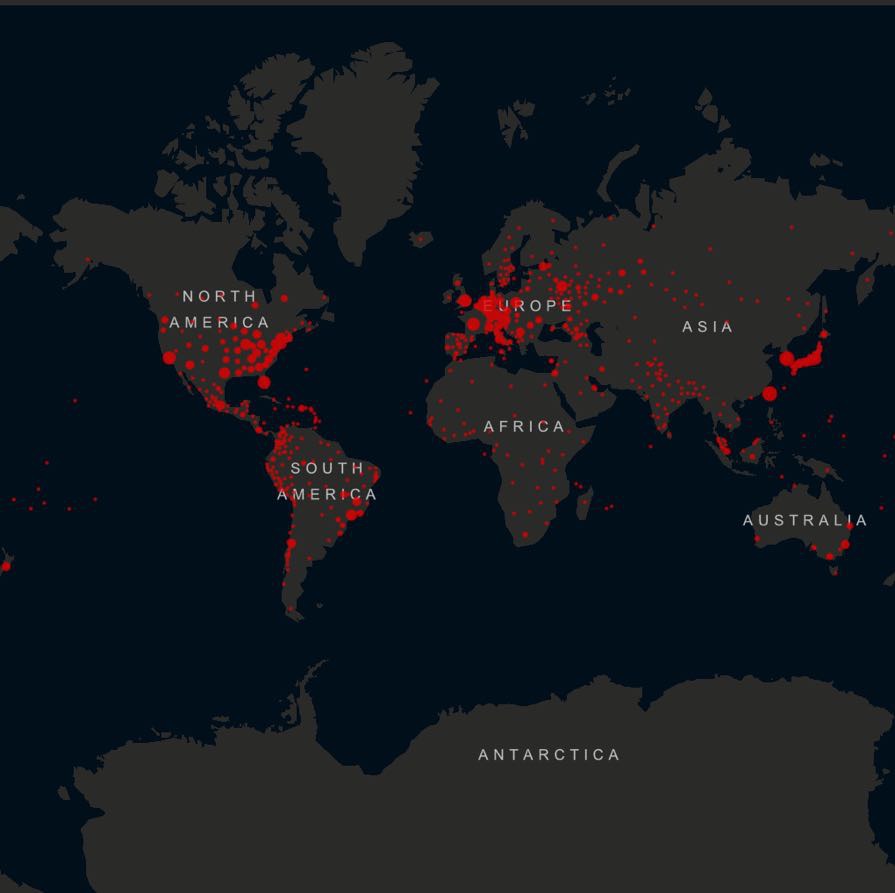 World map on the JHU COVID site in Mercator projection: illegible red dots, Antarctica taking up the bottom third